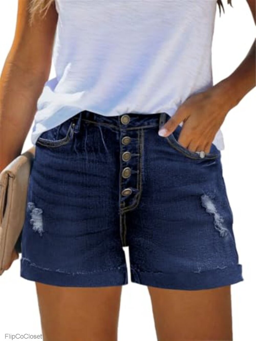 High Rise Distressed Denim Shorts with Frayed Hems Button Fly